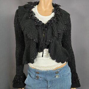 Y2K Black Shaggy Ruffled Cardigan Size M Boho Gothic Fairy Grunge Whimsigoth